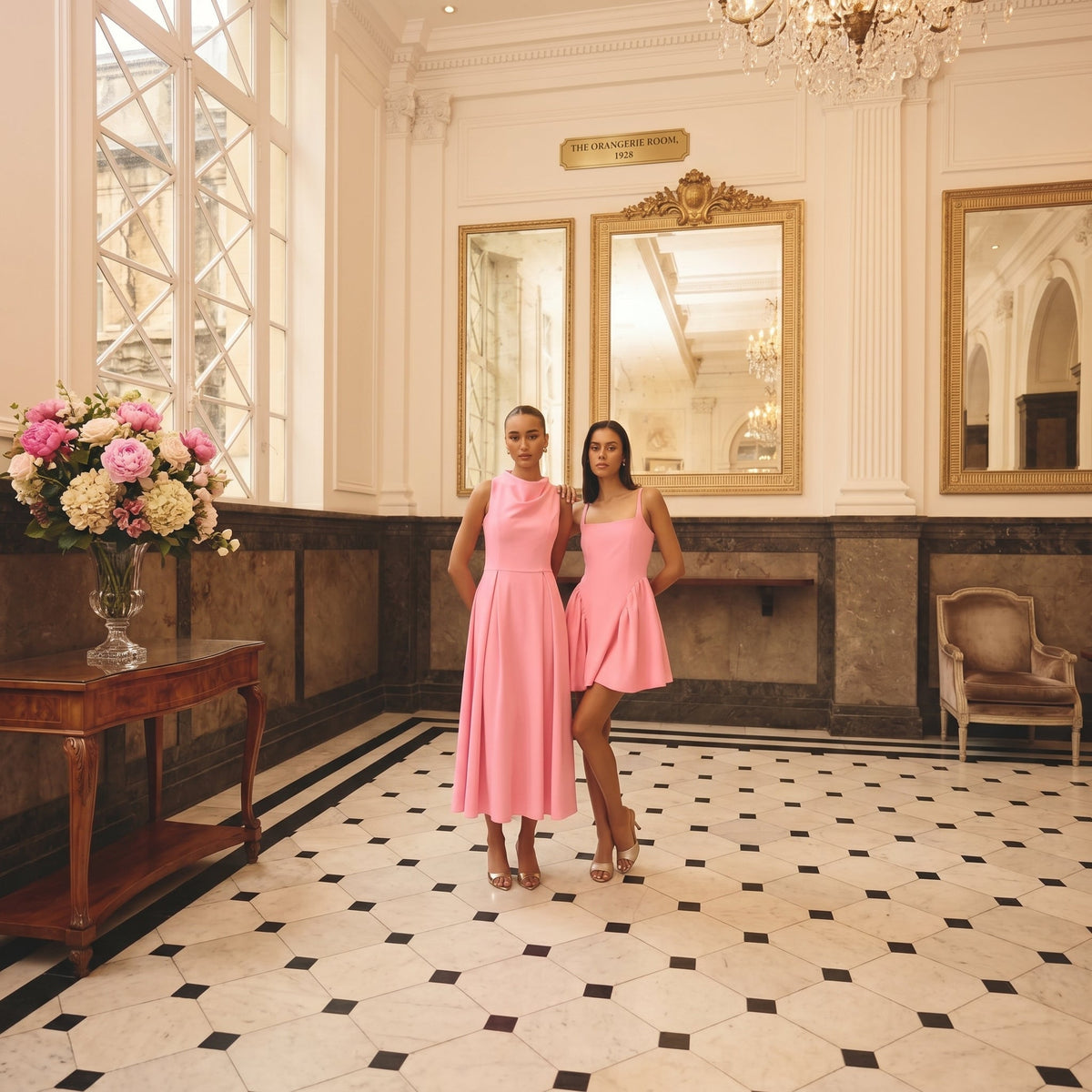 Two women wearing pink mini and midi dresses styled for a special occasion
