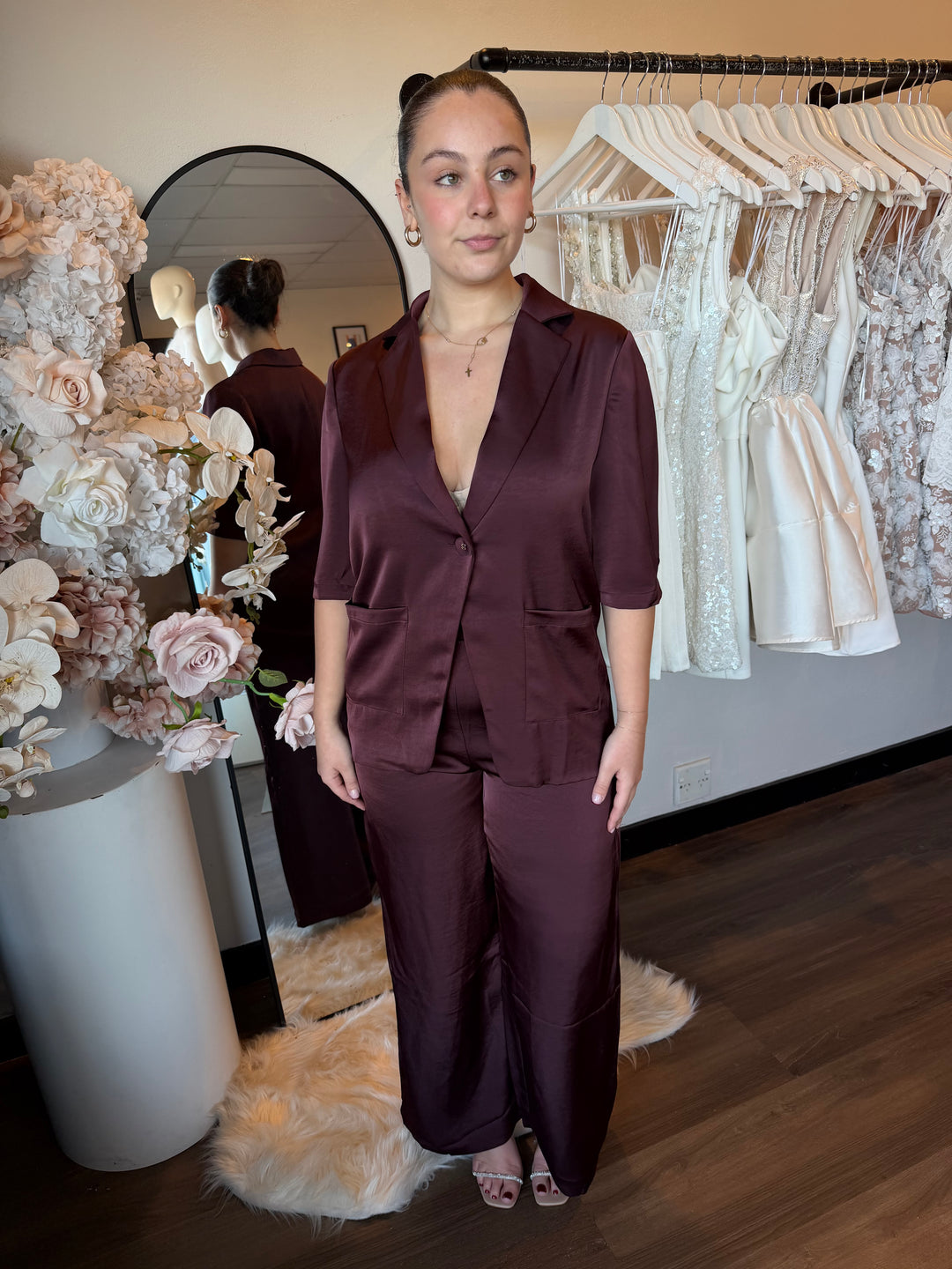 Azzura Set Burgundy — the Azzura Set in burgundy, a sophisticated matching co-ord featuring the tailored Pants paired perfectly with the matching Shirt