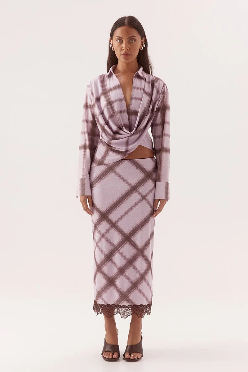 ASHTI SHIRT PLAID textured stretch mesh drape front with cowl neckline and dropped shoulder