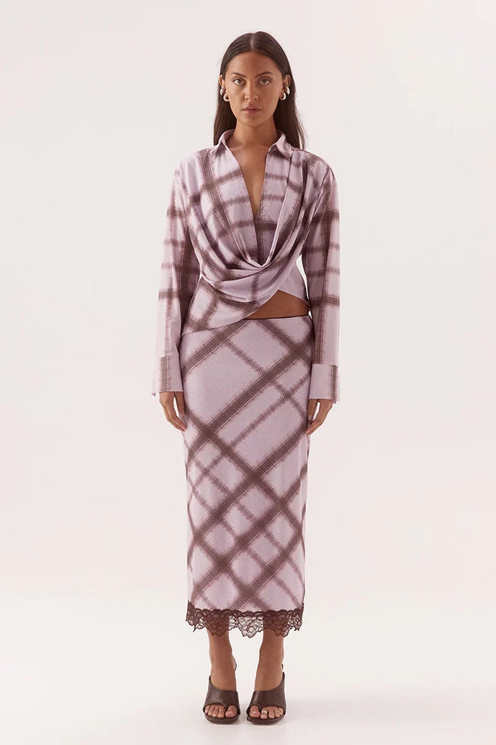 ASHTI SHIRT PLAID textured stretch mesh drape front with cowl neckline and dropped shoulder