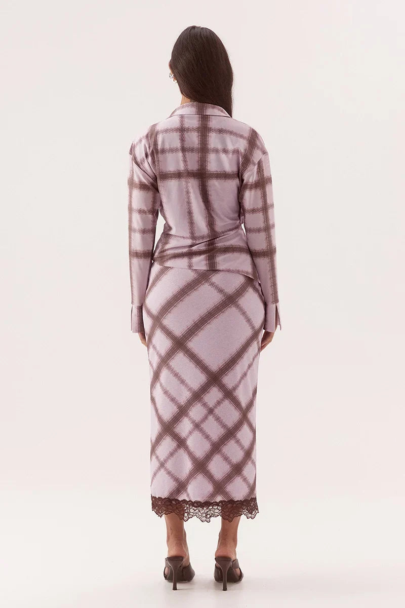 Ashti Shirt in plaid — close-up of the drape front and cowl neckline
