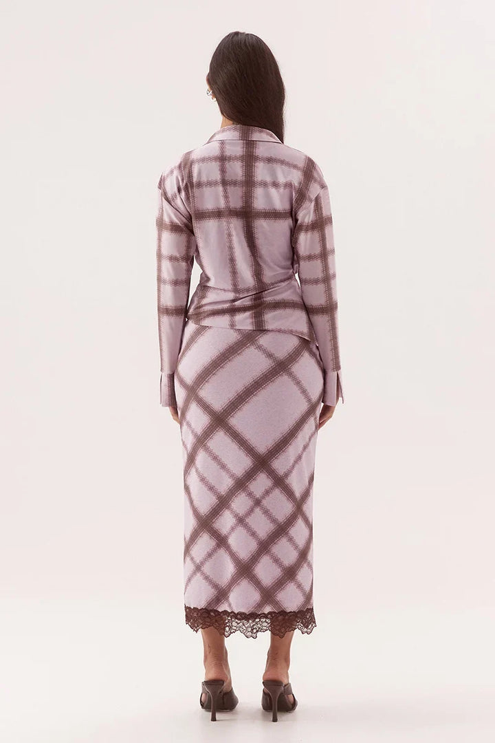 Ashti Shirt in plaid — close-up of the drape front and cowl neckline