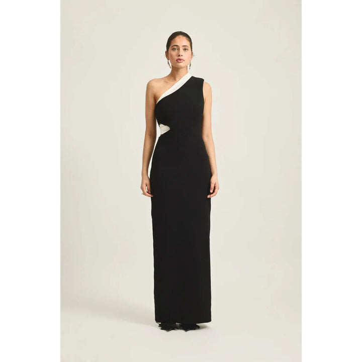 Tabitha Dress Black/White — one-shoulder maxi in bonded crepe with contrast white mesh neckline detailing