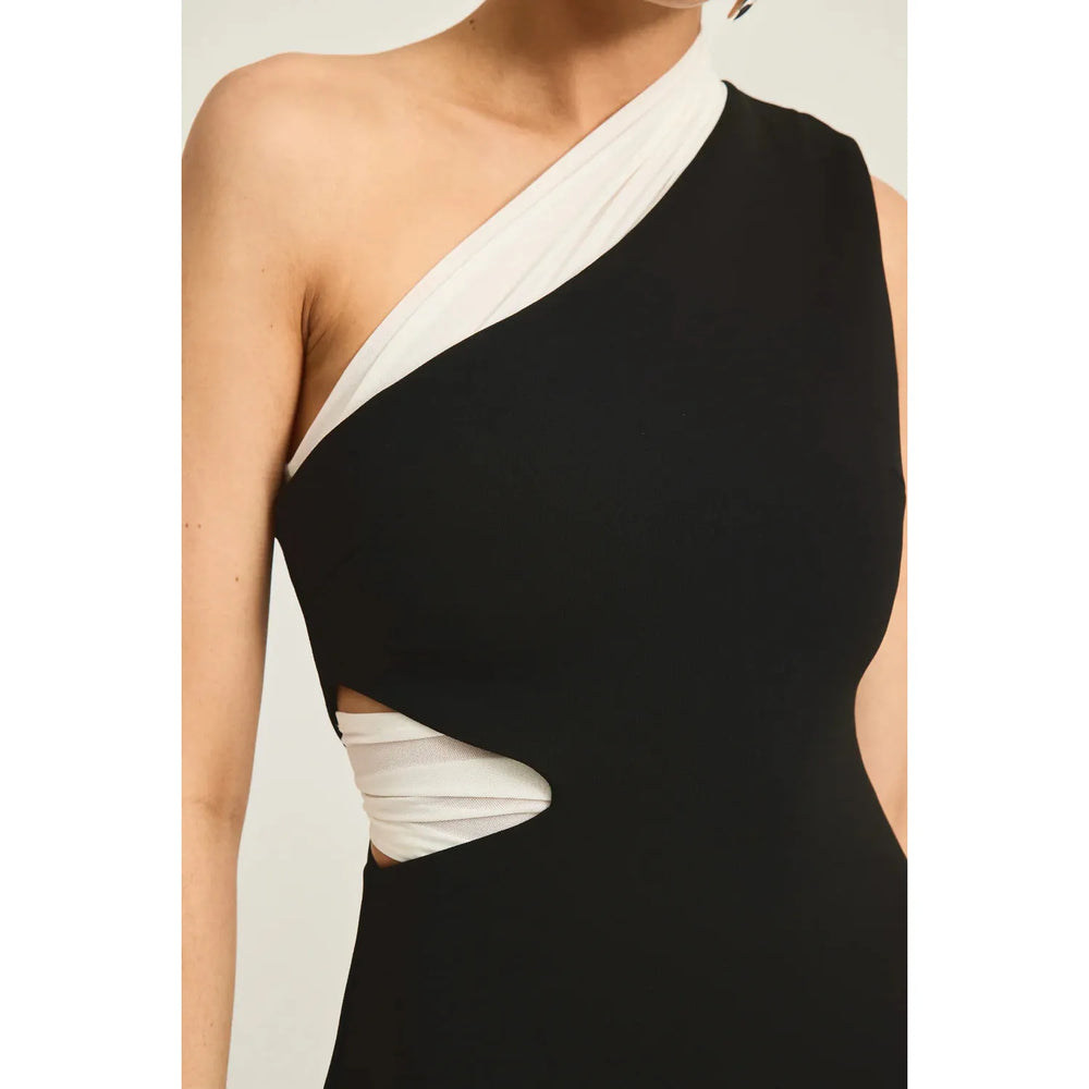 Tabitha Dress Black/White — side view of one-shoulder maxi with white mesh detail
