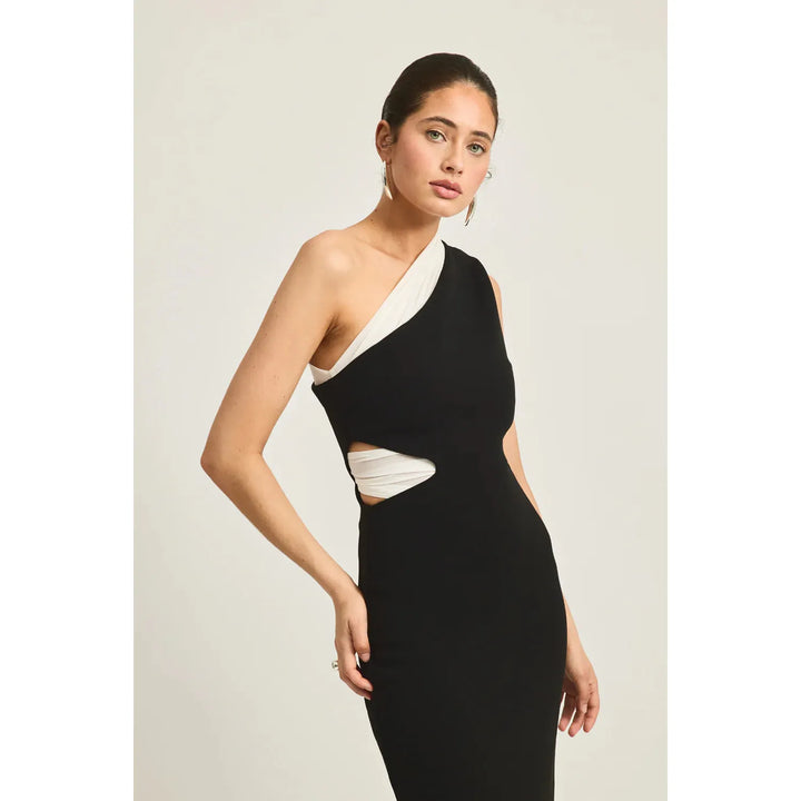 Tabitha Dress Black/White — back view of one-shoulder black and white maxi