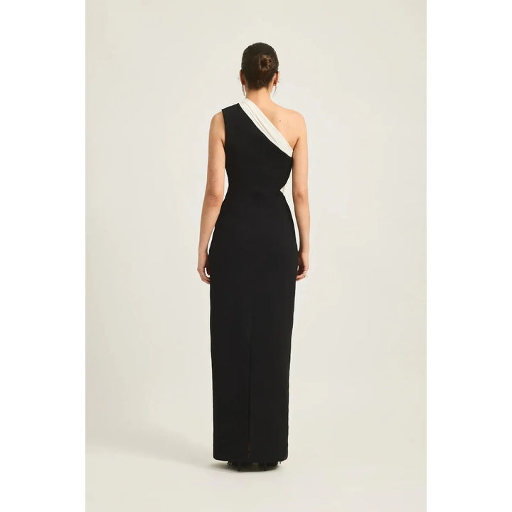 Tabitha Dress Black/White — close-up of unique mesh detailing along one-shoulder neckline