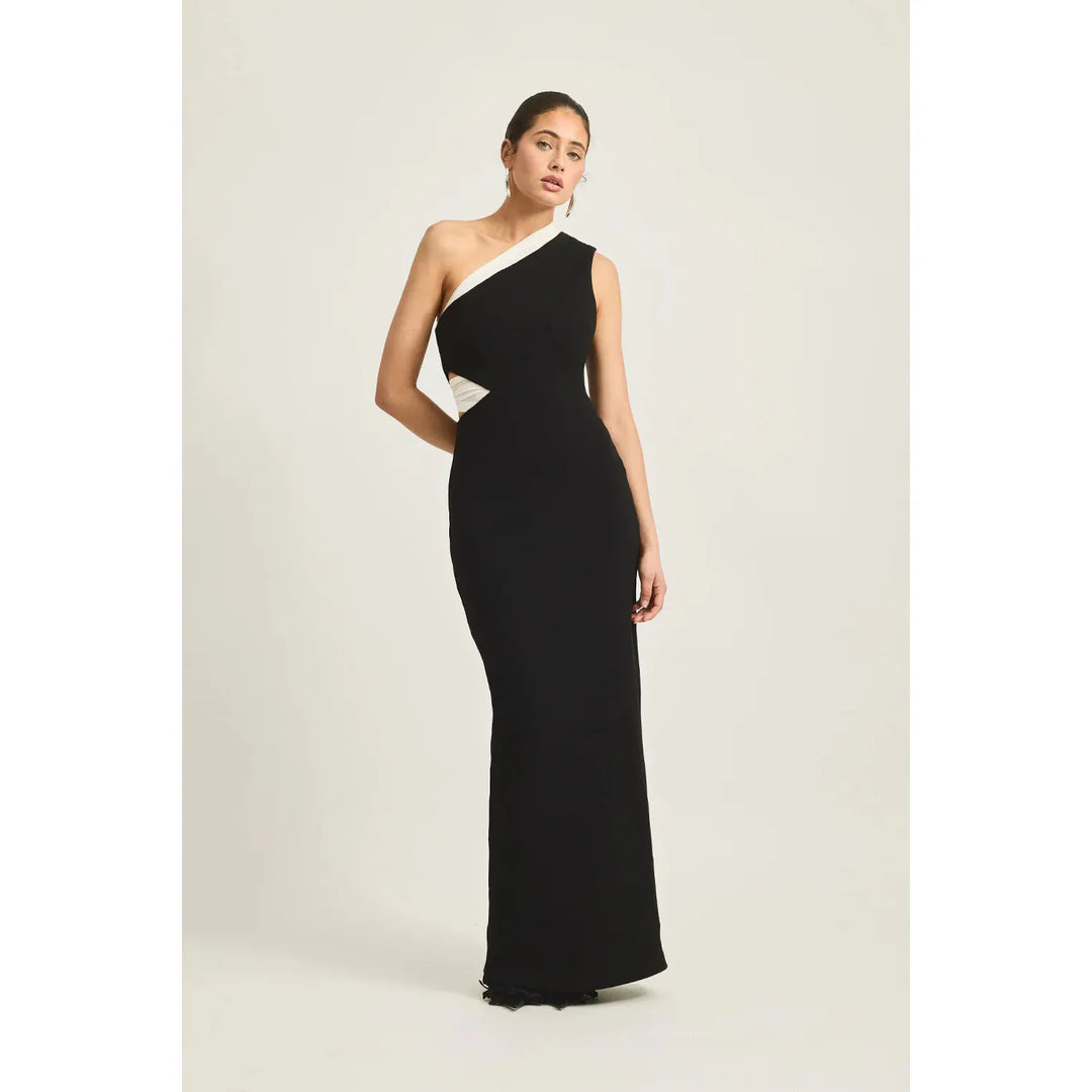Tabitha Dress Black/White — full length styled look of one-shoulder black/white maxi