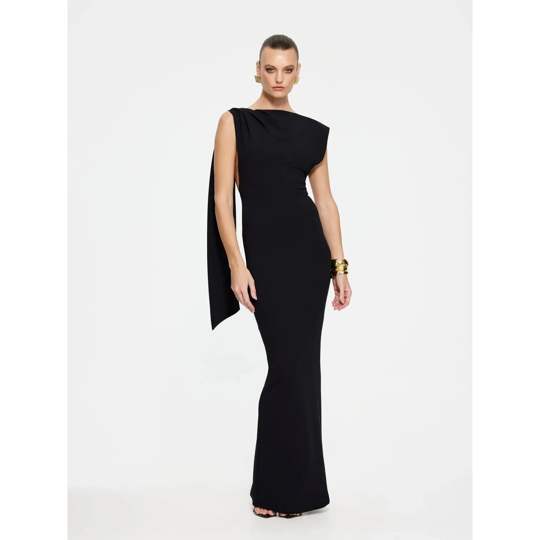 Audrey Gown Black — straight neckline with exaggerated low back and over-the-shoulder detailing