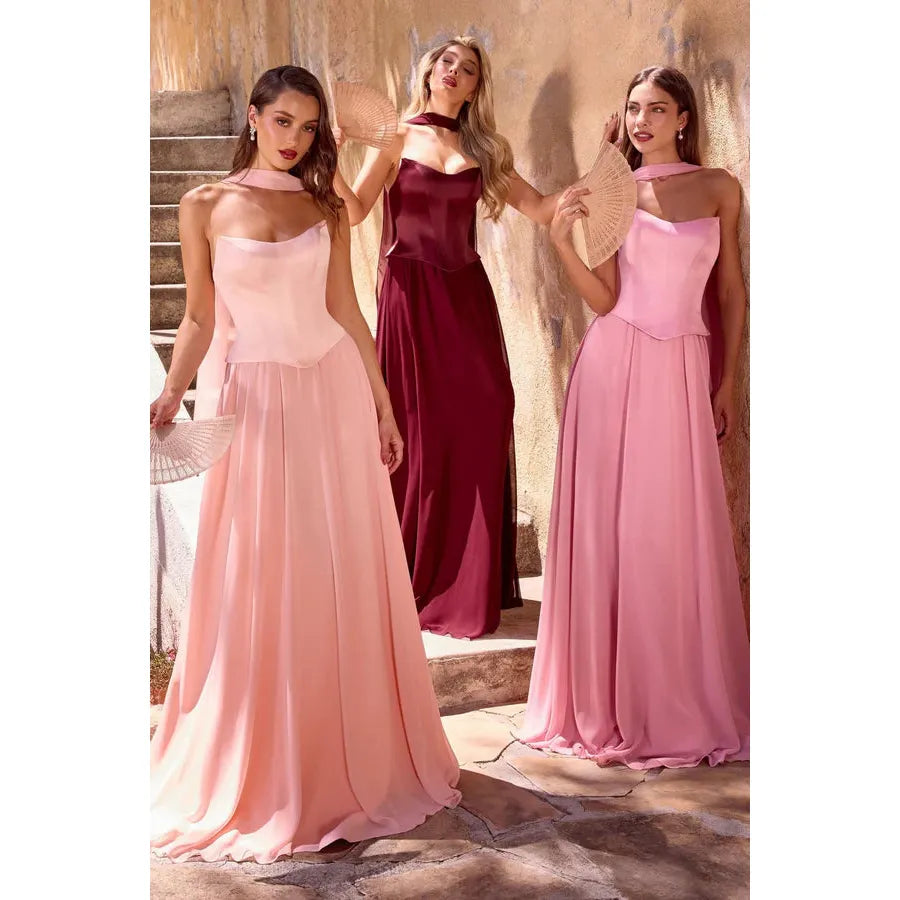 Grace Gown — A-line chiffon gown with sculpted corset bodice and softly curved neckline