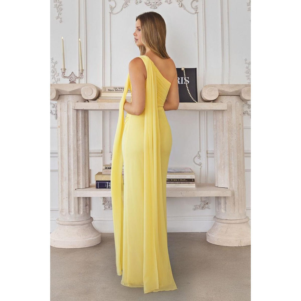 Amira Gown Black — side view of black one-shoulder chiffon gown, pre order
