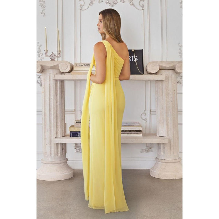 Amira Gown Black — side view of black one-shoulder chiffon gown, pre order