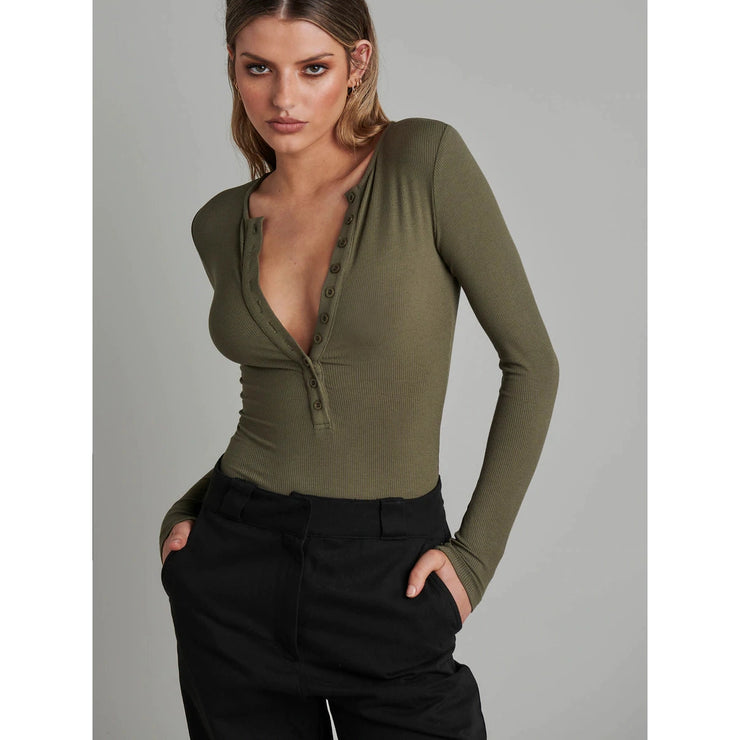 Long Sleeve Crew Neck Bodysuit Khaki | Bayse