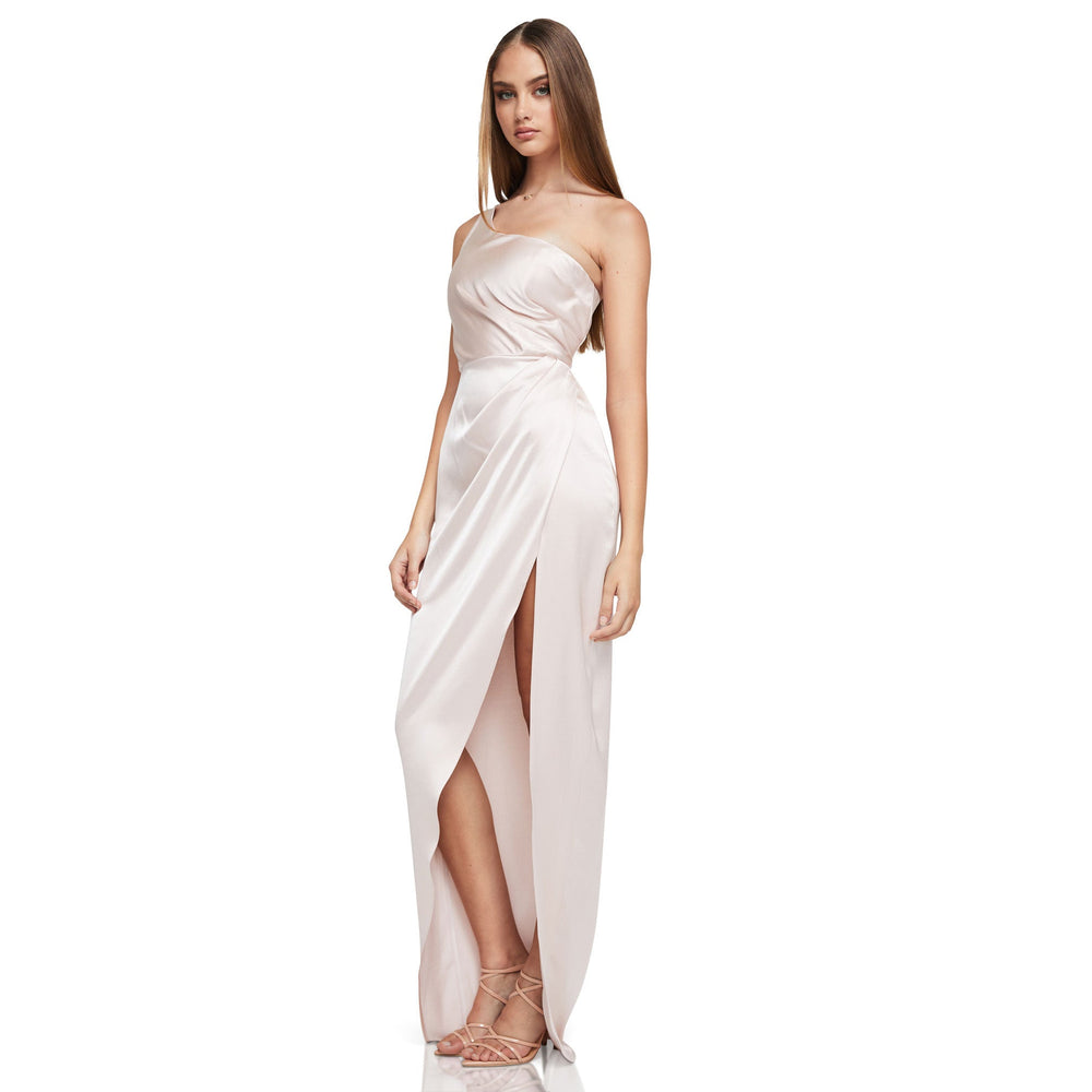 Virtue Gown Nude | NookieClassic one shoulder gown crafted from our signature luxe satin. Features flattering tucks &amp; gathers at the side and a sexy thigh high split. Our gorgeous model Alina Collctions AusAlina Collctions AusVirtue Gown Nude