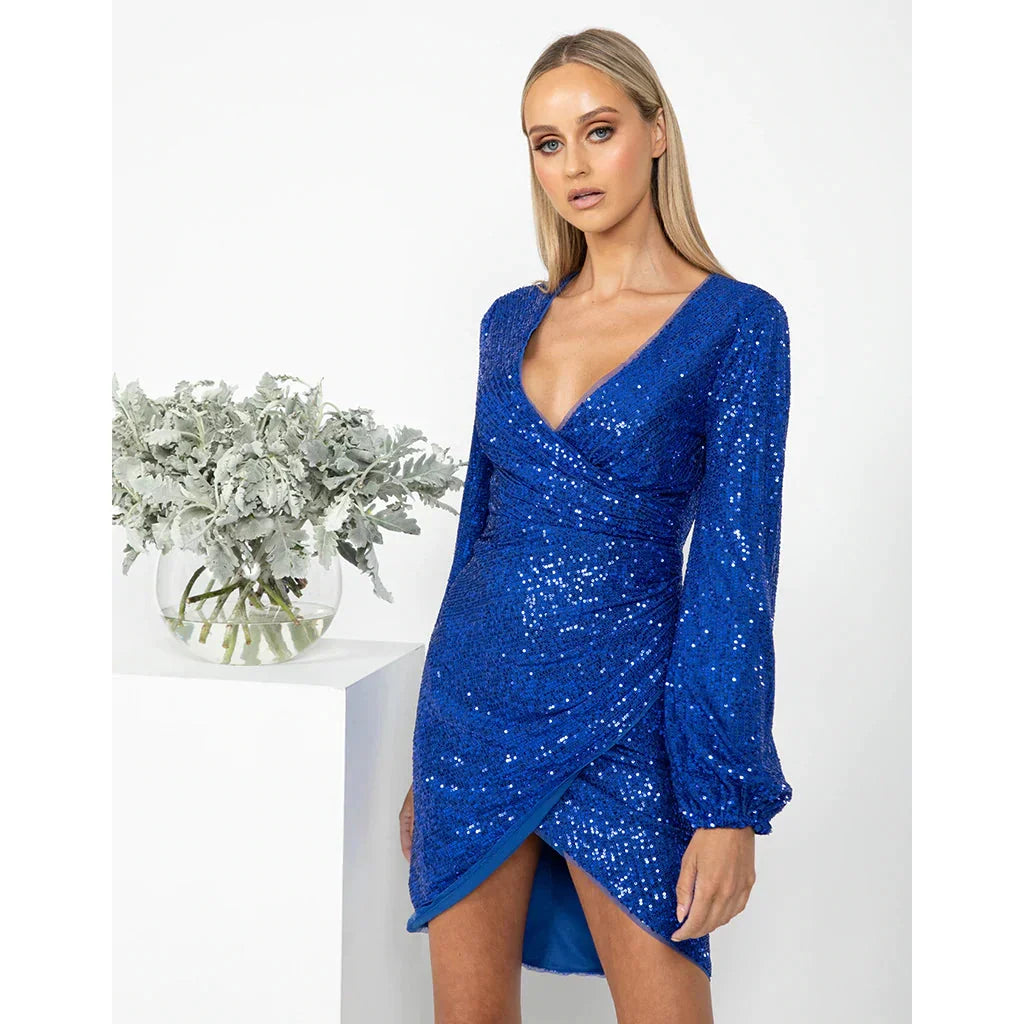 bariano blue sequin dress Bariano - Rowie Plunge Neckline Gown